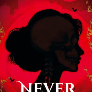 A book cover with the silhoette of a woman. The moon and the outline of a castle is behind her. There are bats flying and a faint skull impression in over the woman.